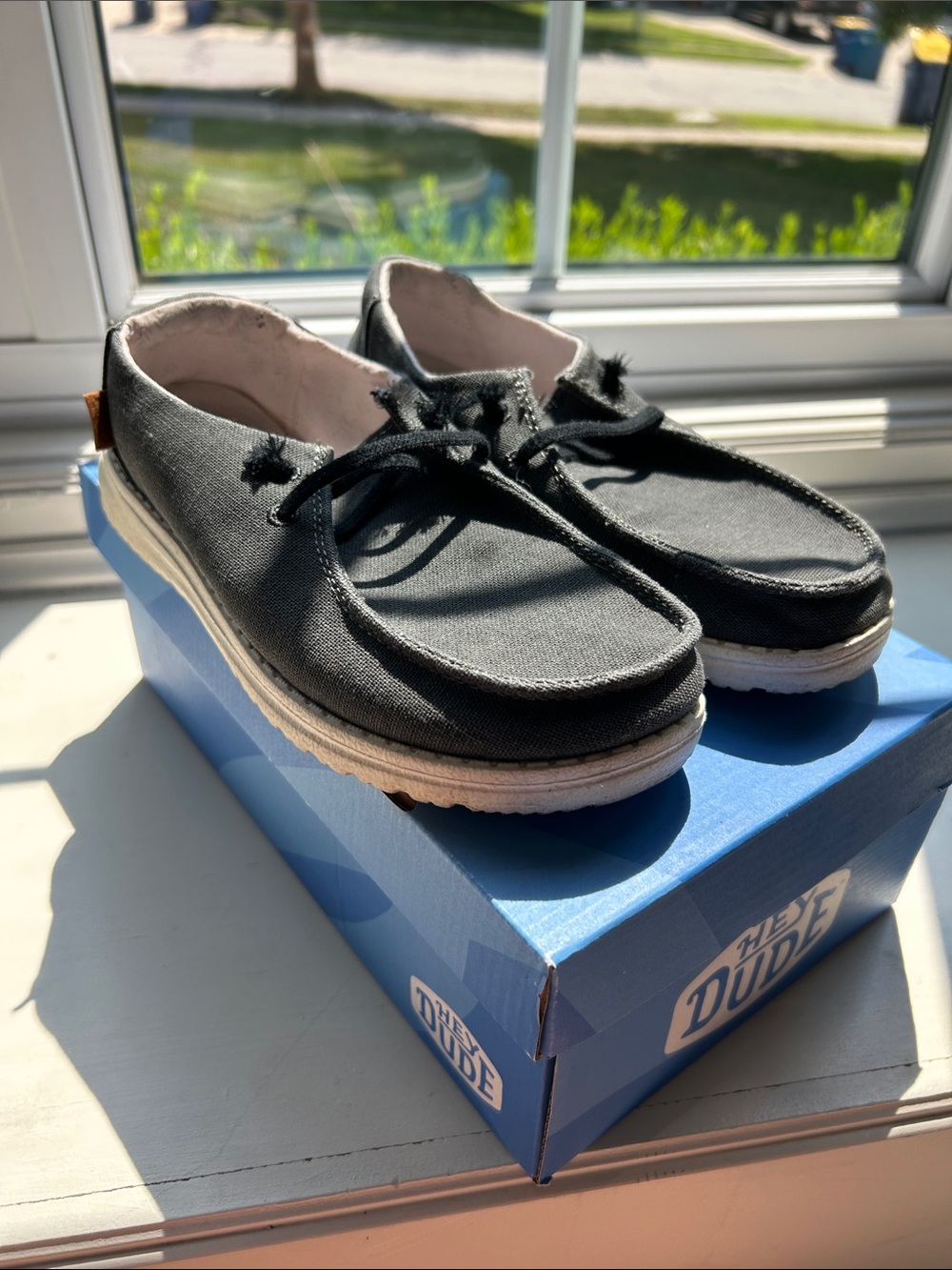 Hey Dude Black Canvas Wendy Chambray Off Black Slip-Ons with White Sole